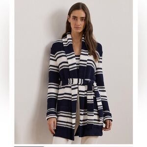 Lauren Ralph Lauren Women's Striped Belted Cotton-Blend Cardigan Size Small